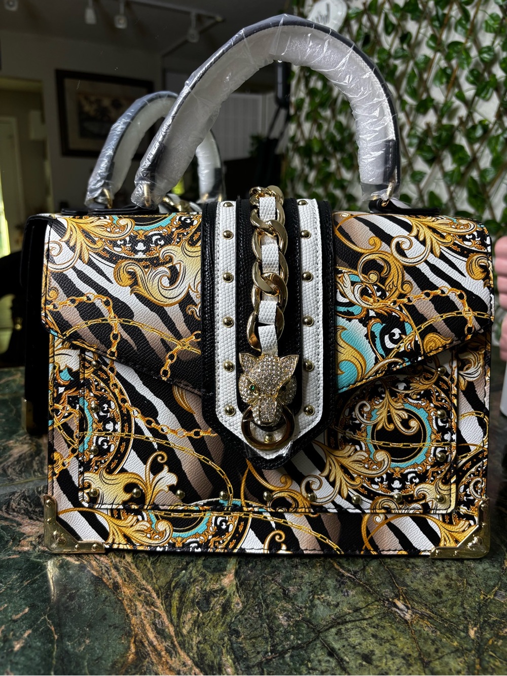 Aldo Black, White, Gold and Turquoise Baroque-Print Shoulder Bag